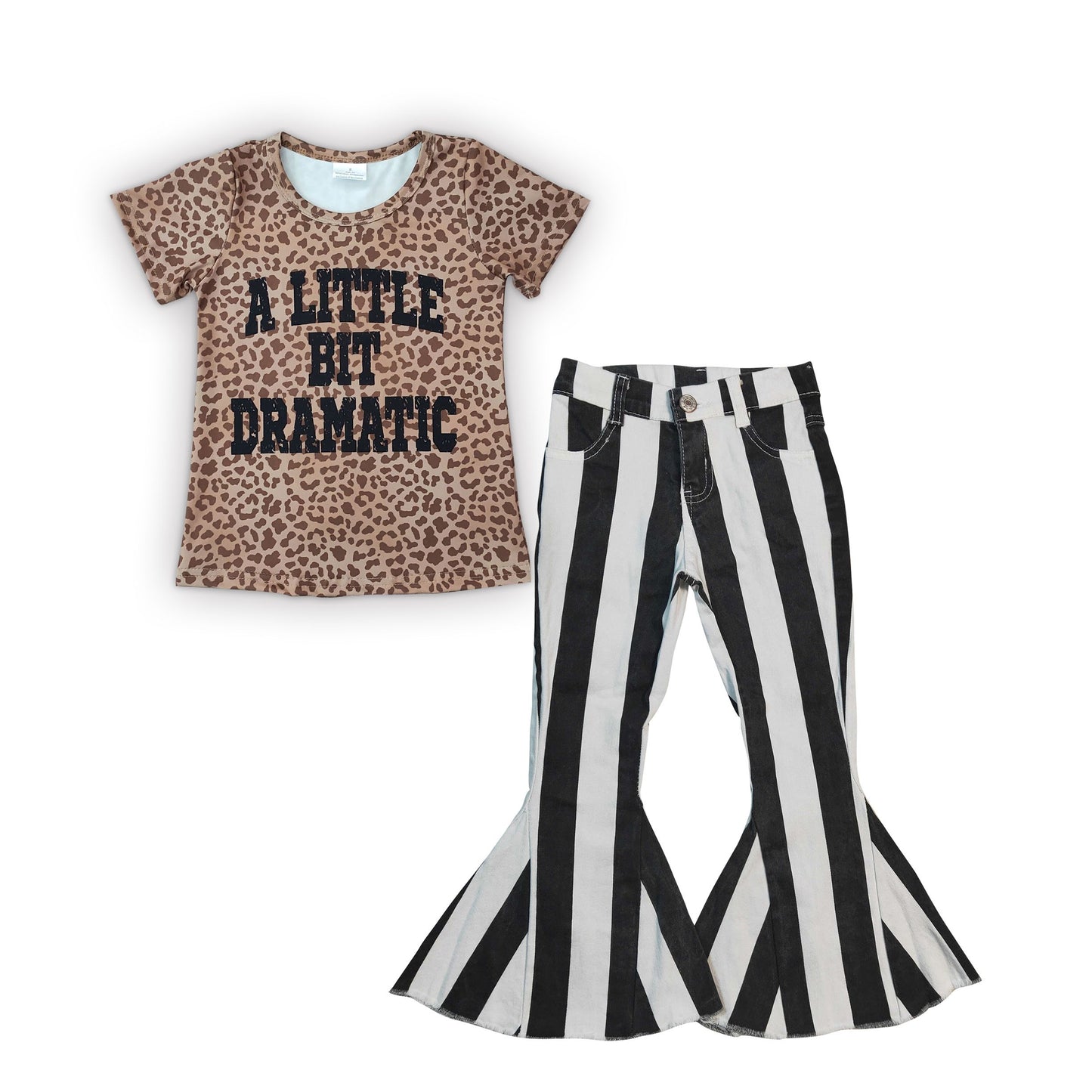 Baby Girl Kids Short Sleeves a little bit dramatic Leopard Shirt Striped Denim Jeans Pants Outfit