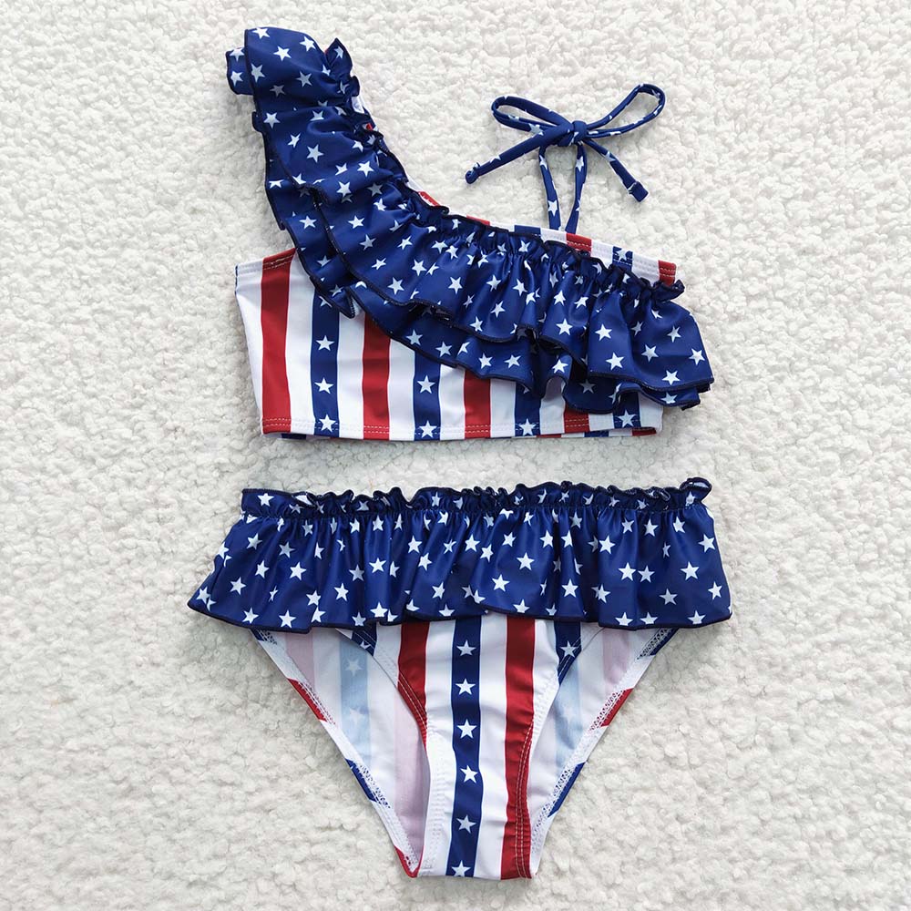 S0042 July 4th Baby Girl Star Striped Summer Swimsuit Outfit