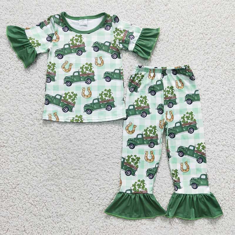 BSPO0043 Baby Boy Green Truck Clover St Patrick's Pajamas Outfit