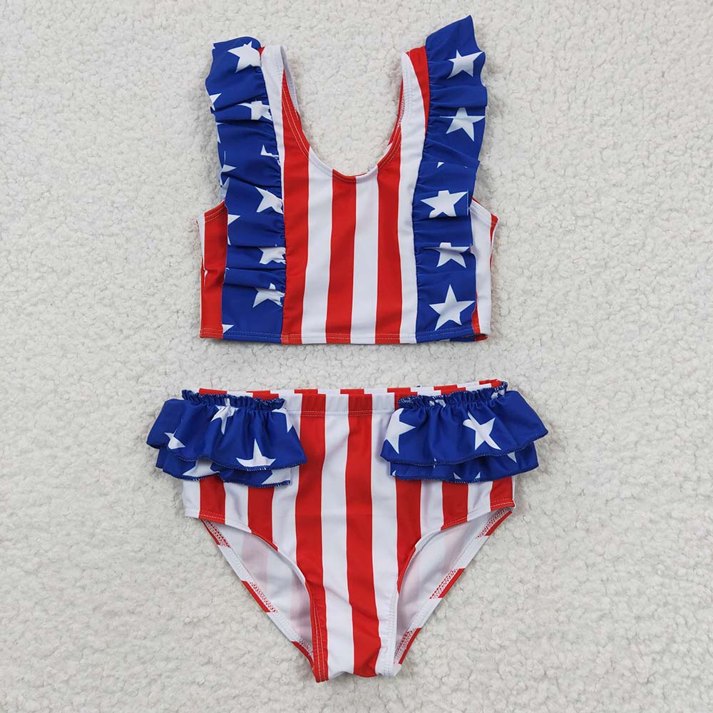 S0090 Baby Girl July 4th Star Striped Swimsuit Summer Outfit