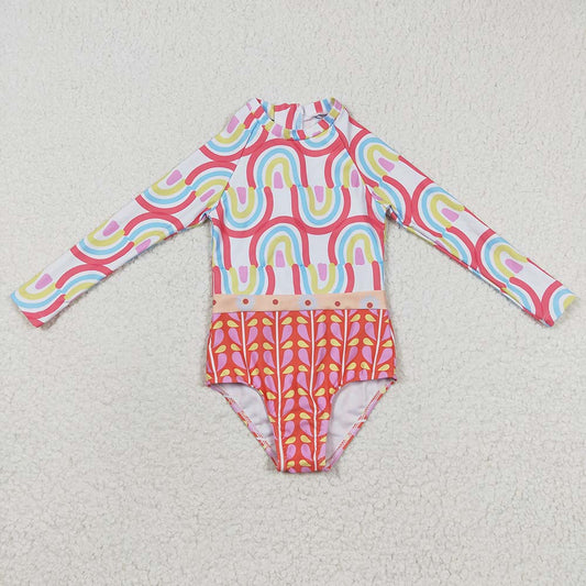 S0116 Baby Girl Rainbow Long Sleeves Swimsuit Summer Bathing Suit Outfit