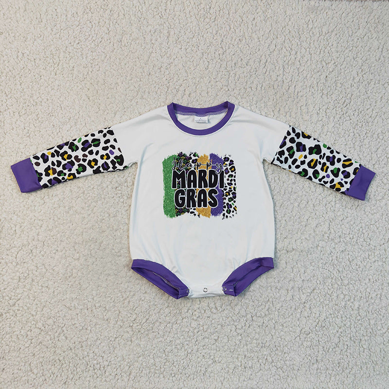 LR0226 Baby Girl Kids Leopard long sleeves Mardi Gras romper