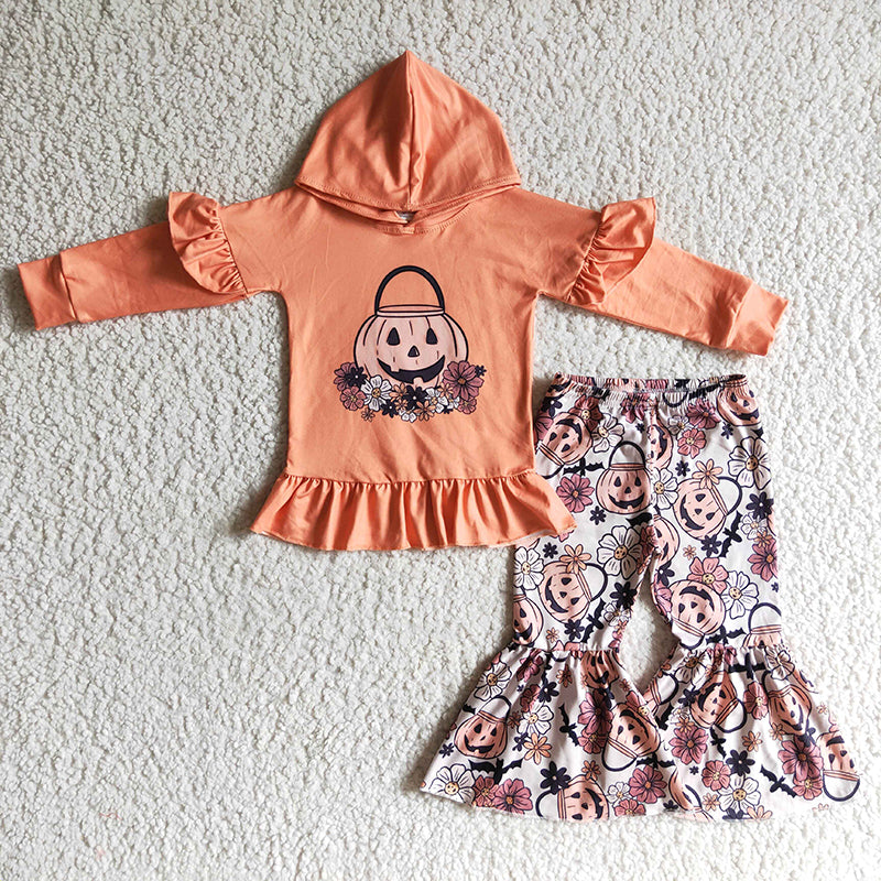 GLP0213 Baby Girl Halloween Pumpkin Flower Hoodie Outfit