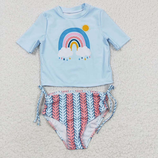 S0115 Baby Girl Rainbow Short Sleeves Top Bummie Shorts Swimsuit Summer Outfit