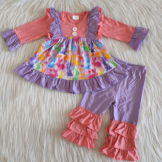 Easter Baby Girl Colorful Rabbit Bunny Ruffle Pants Outfit