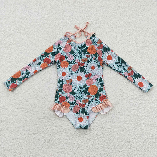 S0084 Baby Girl Floral Long Sleeves One Piece Swimsuit Outfit