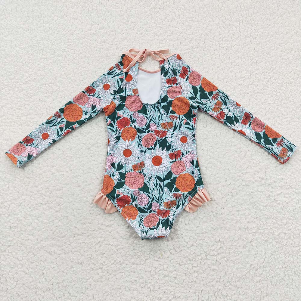 S0084 Baby Girl Floral Long Sleeves One Piece Swimsuit Outfit