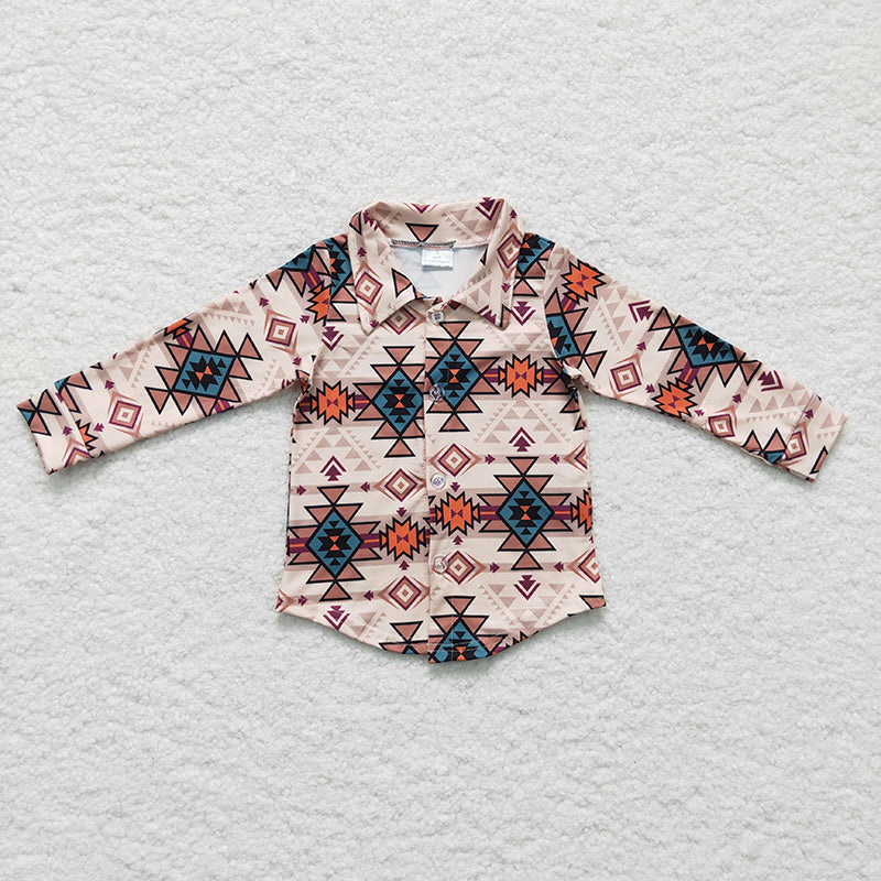 BT0127 Baby Boy Southwestern Aztec Long Sleeve Button Up Shirt