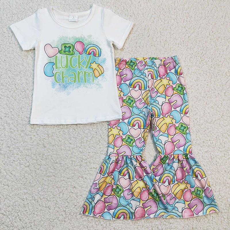 GSPO0303 Baby Girl Lucky charm rainbow heart Bell Pants St. Patrick's Outfit