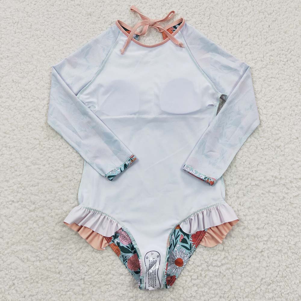 S0084 Baby Girl Floral Long Sleeves One Piece Swimsuit Outfit