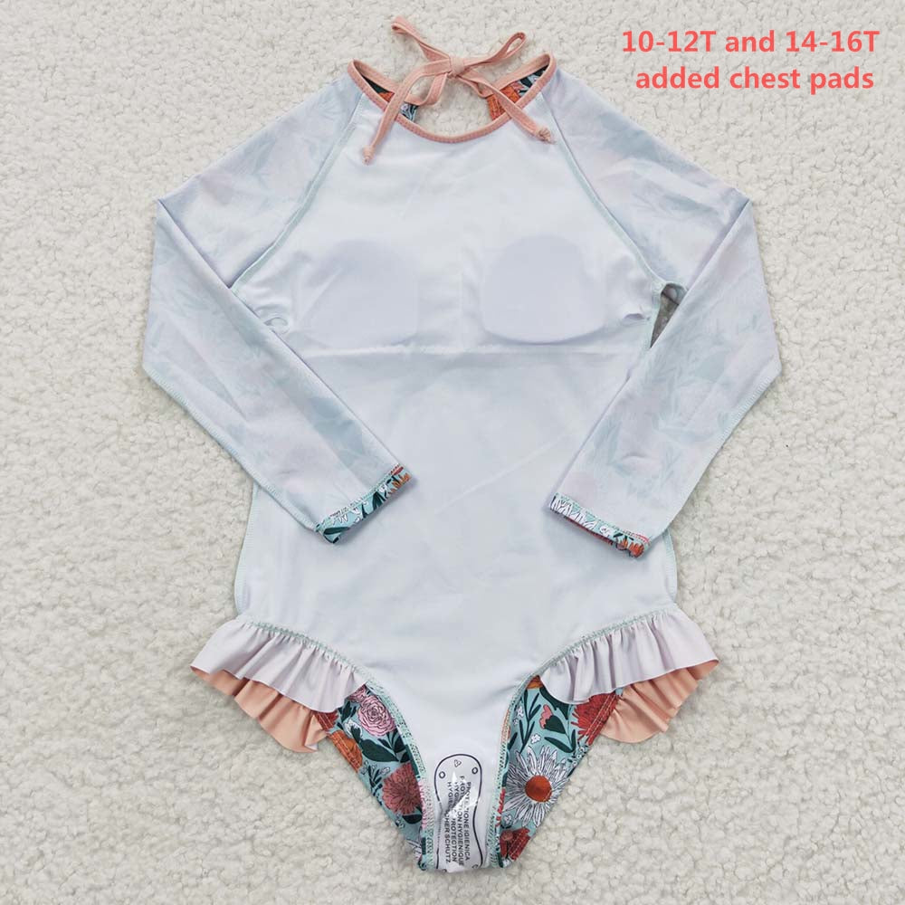 S0084 Baby Girl Floral Long Sleeves One Piece Swimsuit Outfit