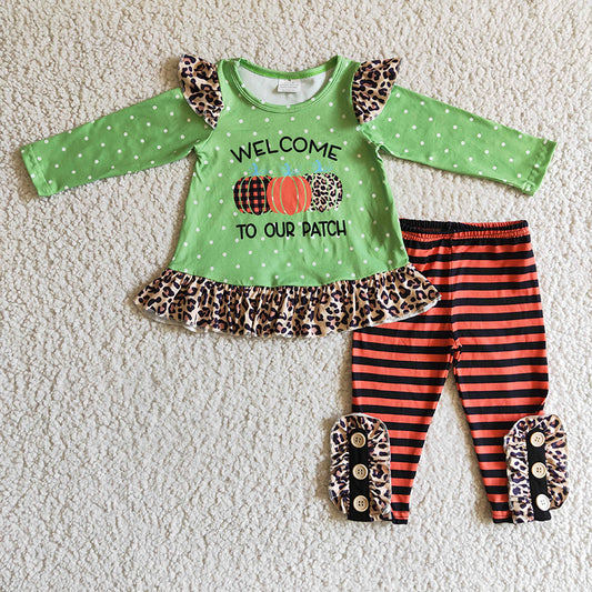 GLP0038 Baby Girl Kids Welcome To Our Patch Pumpkin Thanksgiving Striped Pants Outfit