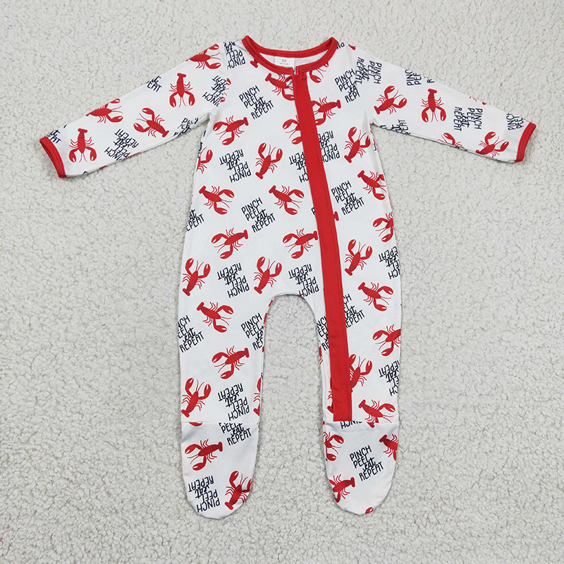 LR0257 Baby Kids Crawfish Zipper Romper Footed Coverall