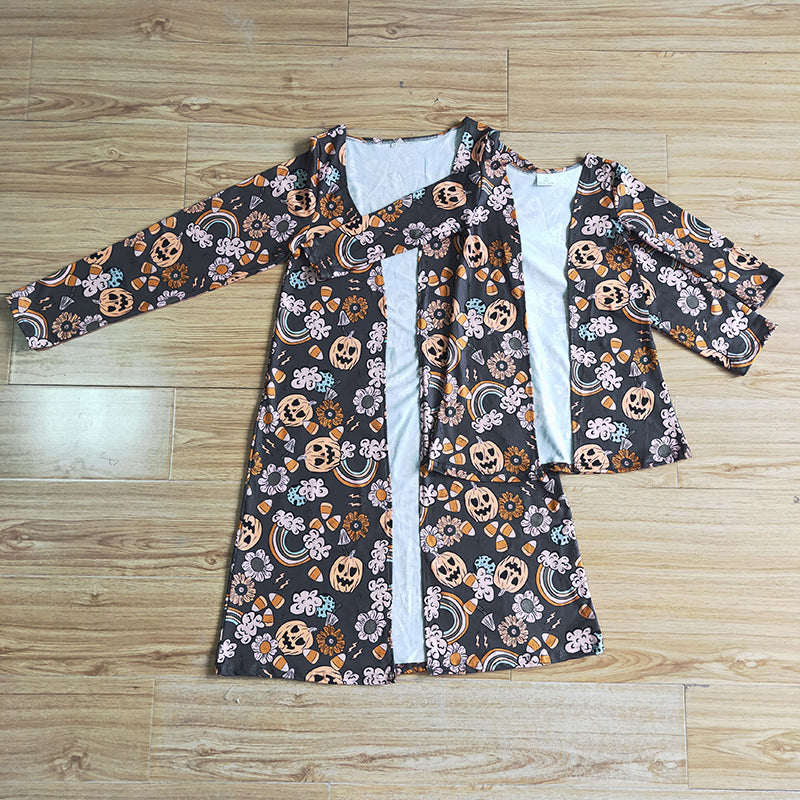 Mommy And Me Pumpkin candy rainbow floral Halloween cardigan