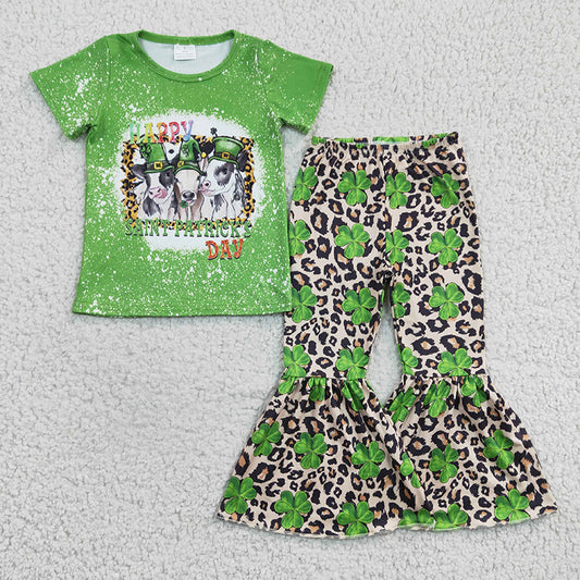 GSPO0329 Baby Girl Western Cow Green Leopard Pants St. Patrick's Outfit