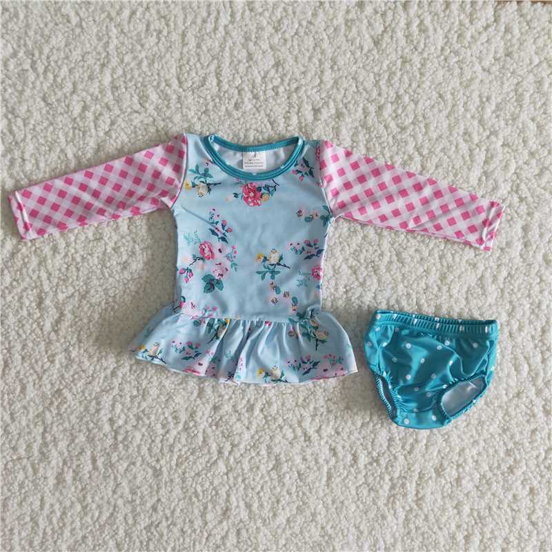 6 A28-11 Long Sleeve Flower Swim Suit Outfit