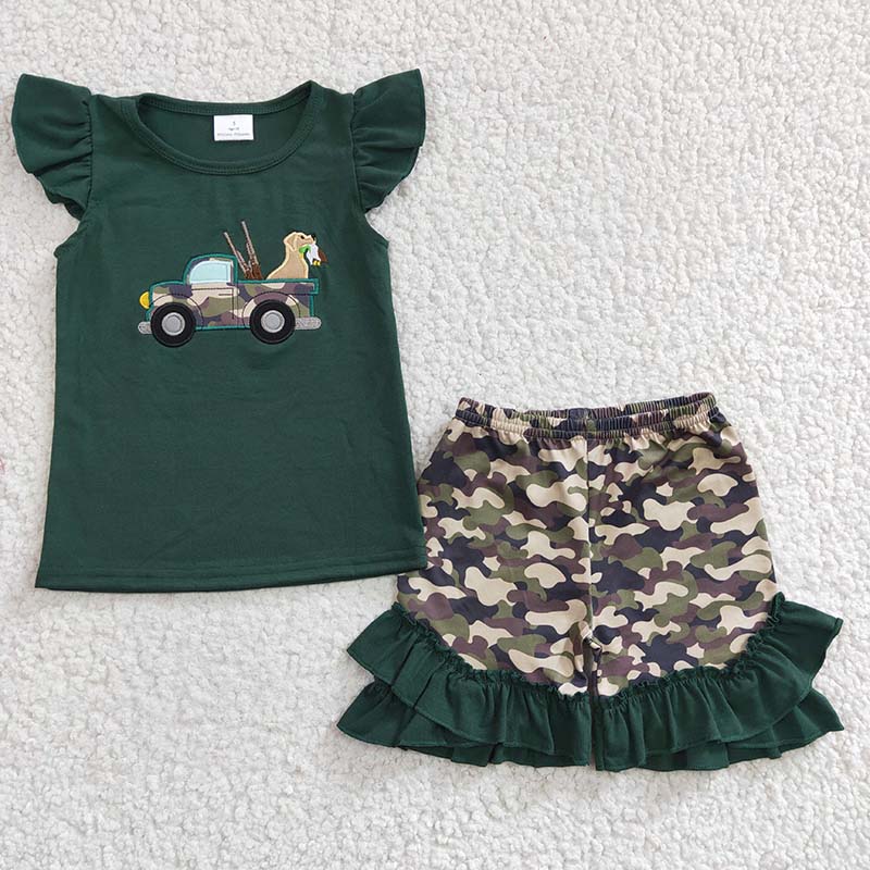 GSSO0145 Baby Girl Embroidery Truck Dog Shirt Camo Shorts Summer Hunting Outfit