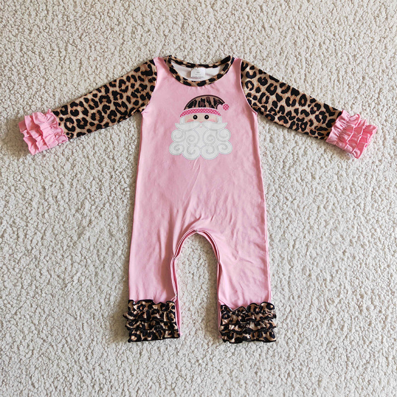 6 A25-9 Baby Girl Pink Santa Christmas Leopard Ruffle Romper