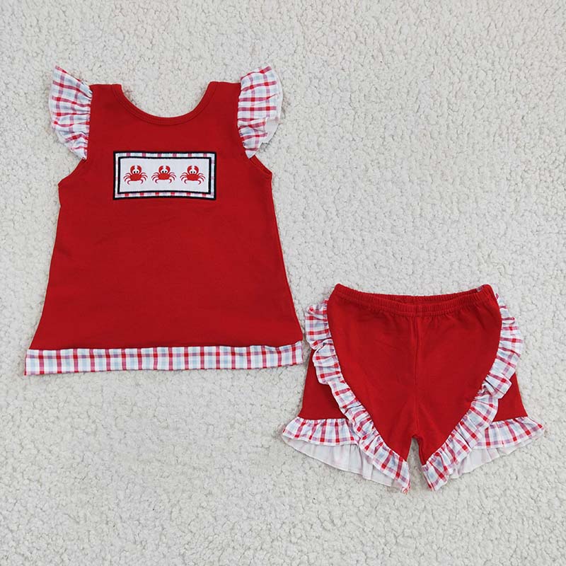 BSSO0106 Baby Boy Crab Embroidery Polo Shirt Plaid Shorts Summer Outfit