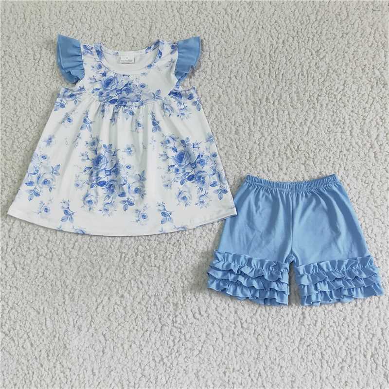 A14-9 Baby Girl Blue Floral Shorts Outfit