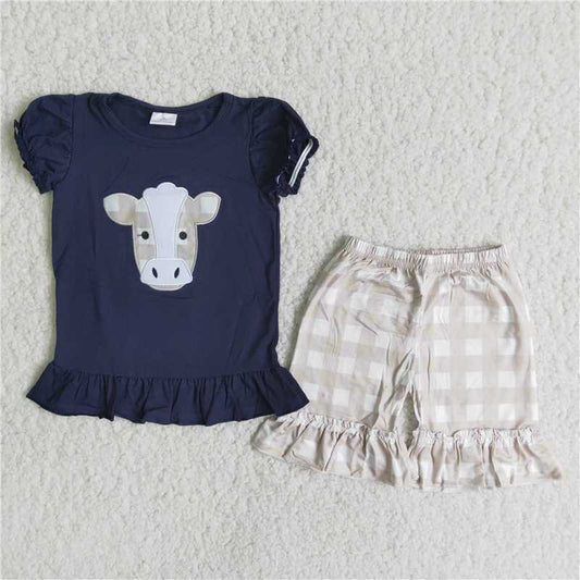 A4-14 Baby Girl Cow Embroidery Plaid Shorts Summer Outfit