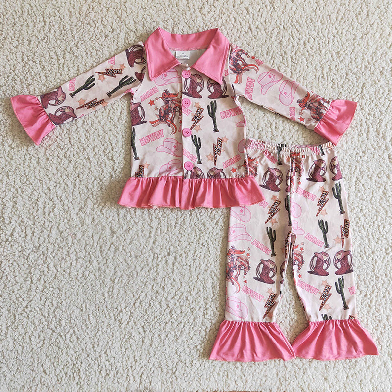 GLP0279 Baby Girl Western Pink Howdy Cactus Boots Hat Pants Pajamas