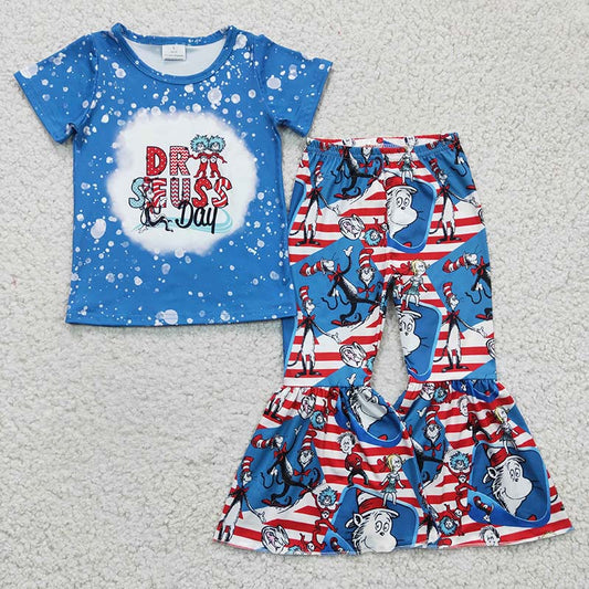 GSPO0406 Baby Girl Blue Shirt Cat Bell Pants Outfit