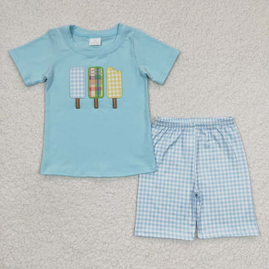 BSSO0129 Summer Baby Boy Embroidery Popsicle Short Sleeves Cotton Shirt Plaid Shorts Outfit