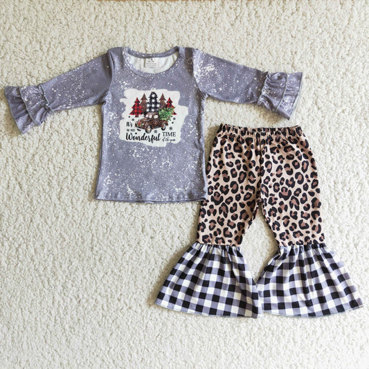 6 A3-5 Baby Girl Long Sleeve Christmas Tree Leopard Pants Outfit