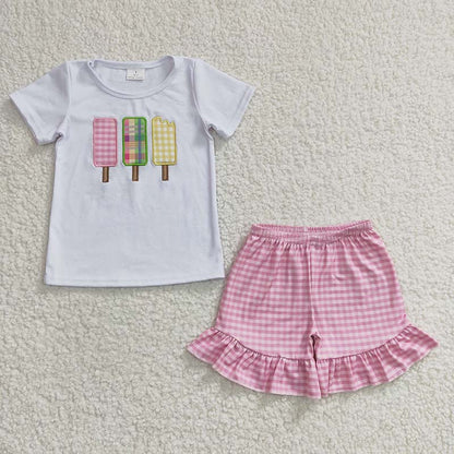 BSSO0129 Summer Baby Boy Embroidery Popsicle Short Sleeves Cotton Shirt Plaid Shorts Outfit