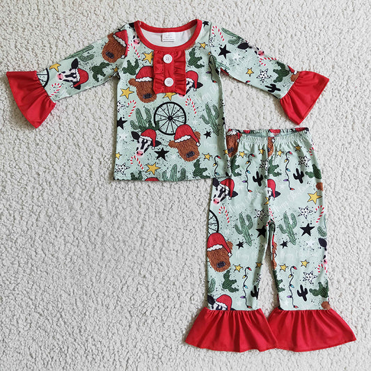 GLP0320 Western Baby Girl Christmas Cow Cactus Outfit Pajamas