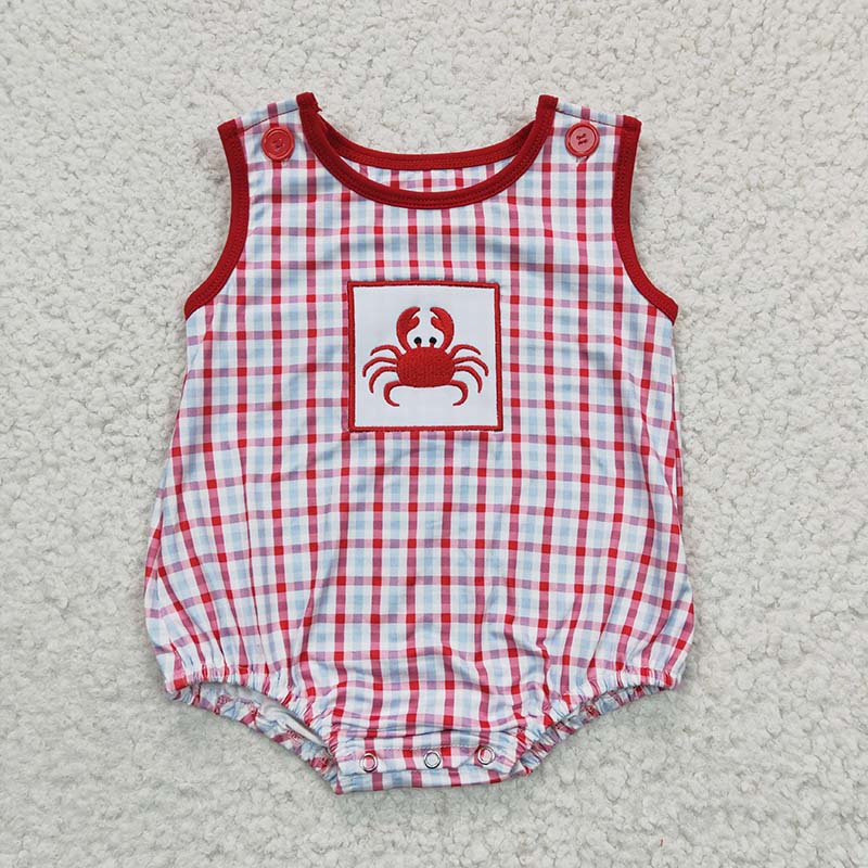 SR0157 Baby Boy Embroidery Crab Plaid Summer Romper