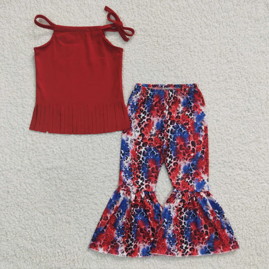 GSPO0299 July 4th Baby Girl Red Tassel Halter Top Leopard Bell Pants Outfit