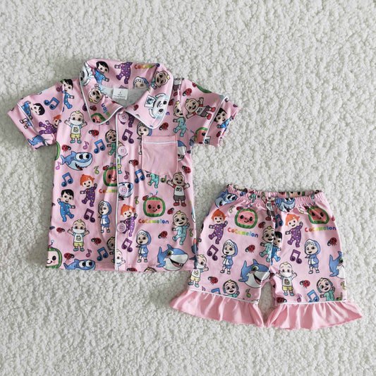 Baby Girl Summer Pink Cartoon Pajamas Shorts Outfit