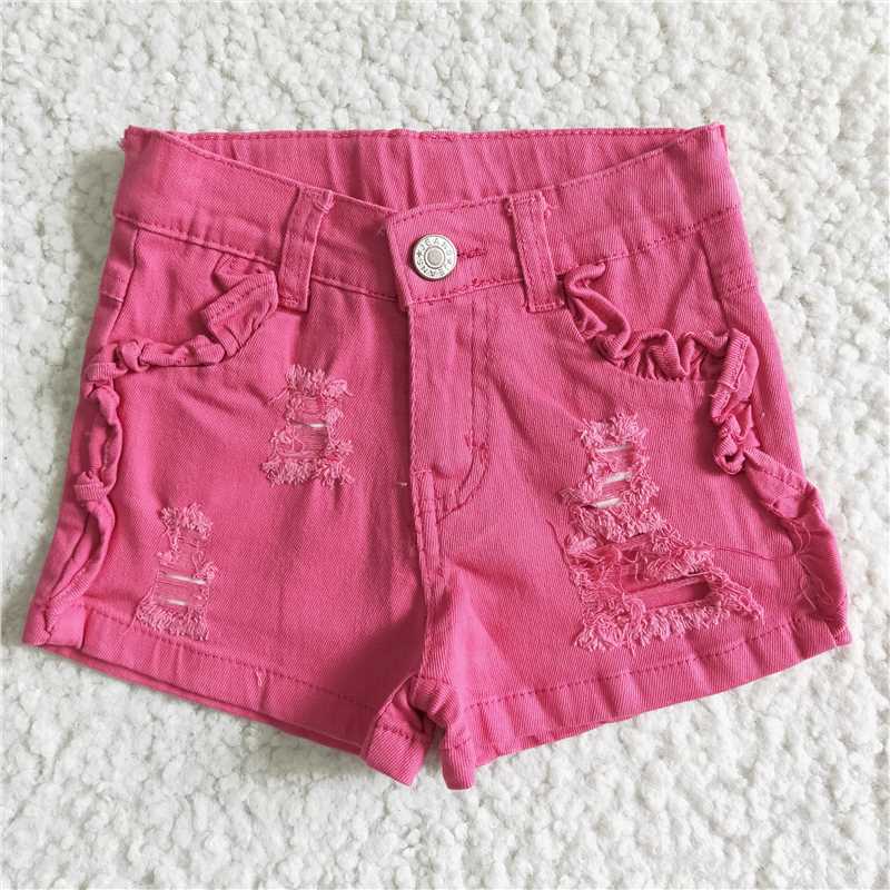 SS0013 Summer Baby Girl Pink Denim Ruffle Shorts