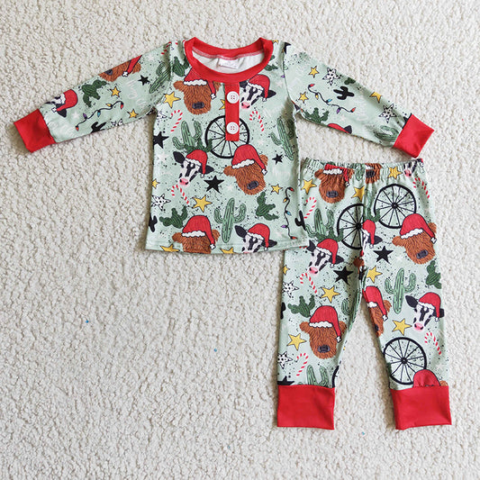 BLP0131 Western Baby Boy Christmas Cow Cactus Outfit Pajamas