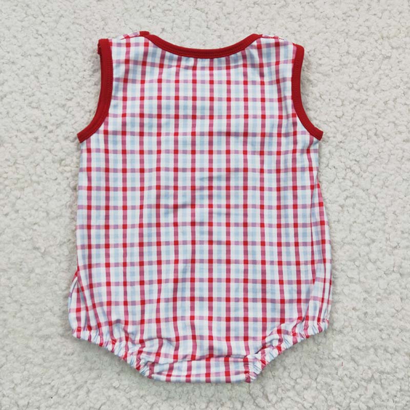 SR0157 Baby Boy Embroidery Crab Plaid Summer Romper