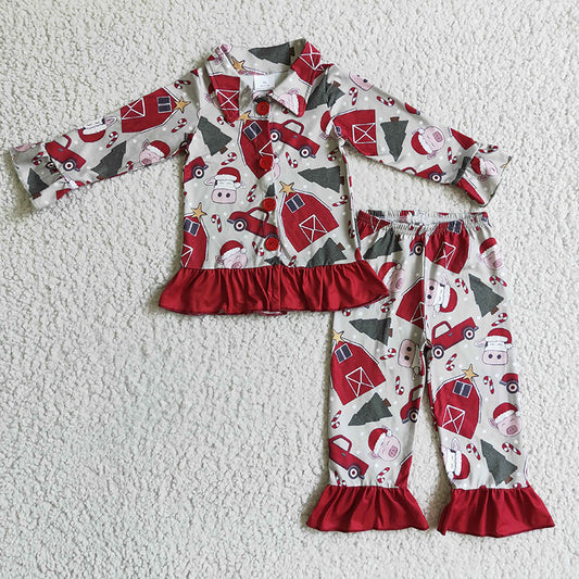 GLP0349 Christmas Baby Girl Farm Print Pajamas Sleepwear Set