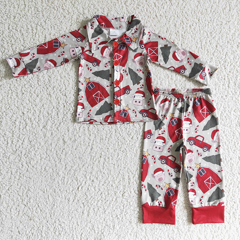 GLP0349 Christmas Baby Girl Farm Print Pajamas Sleepwear Set