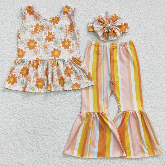 GSPO0508 Baby Girl Floral Halter Top Striped Bell Pants Outfit