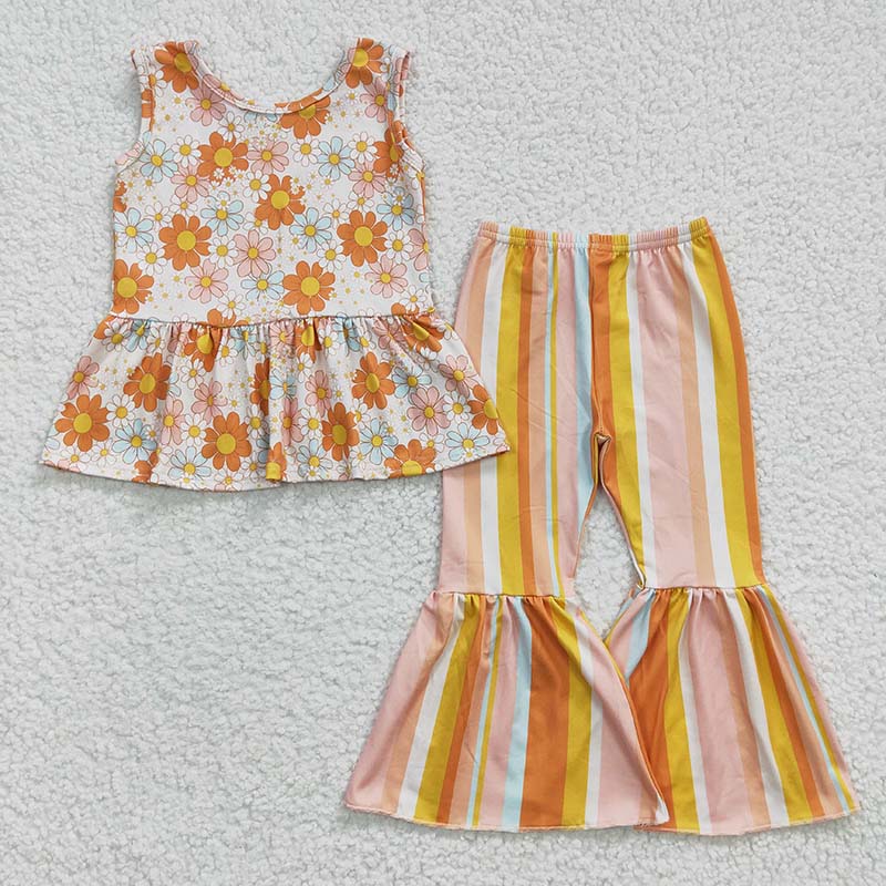 GSPO0508 Baby Girl Floral Halter Top Striped Bell Pants Outfit