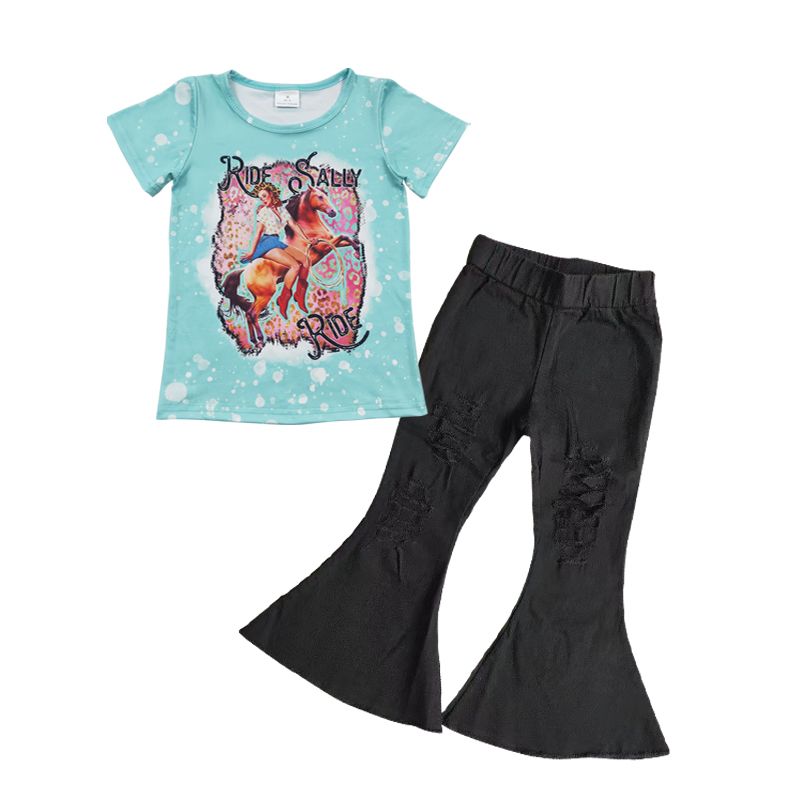 Baby Girl Western Rodeo Shirt Black Denim Jeans Pants Outfit