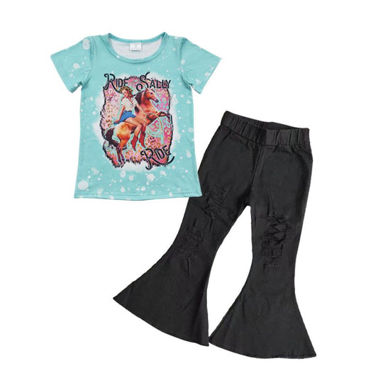 Baby Girl Western Rodeo Shirt Black Denim Jeans Pants Outfit