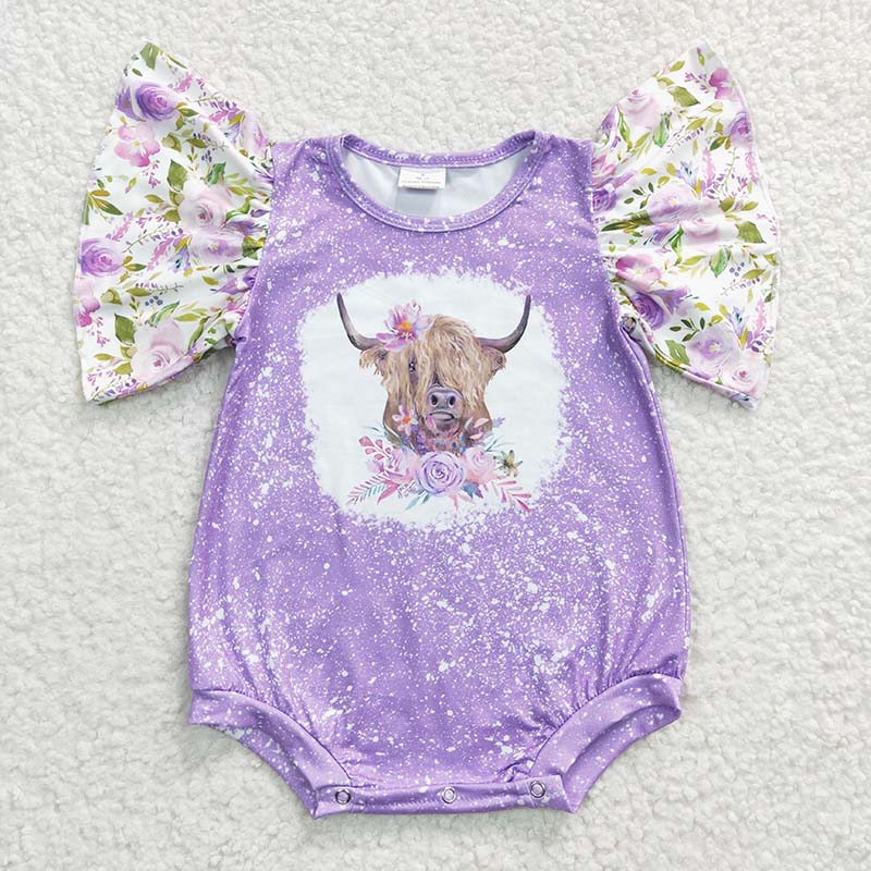 SR0118 Baby Girl Summer Western Cow Bubble Purple Floral Romper