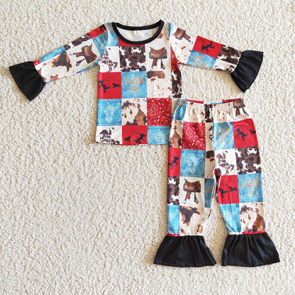 BLP0136 Baby Boy Western Horse Pajamas Clothes Set