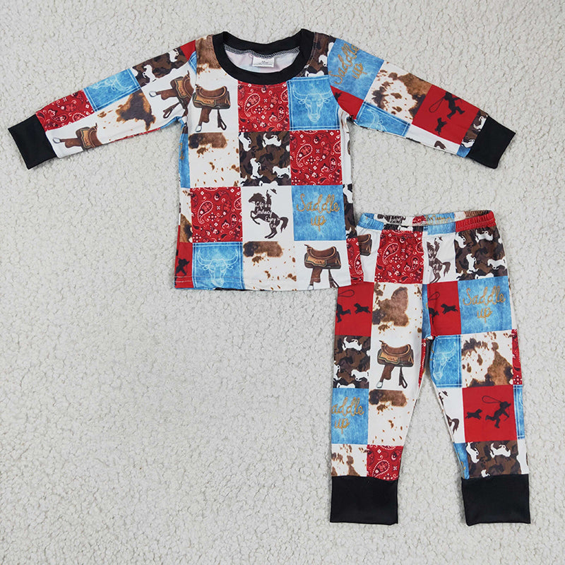 BLP0136 Baby Boy Western Horse Pajamas Clothes Set