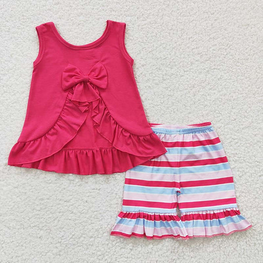 GSSO0209 Baby Girl Pink Bow Open Back Striped Shorts Summer Outfit