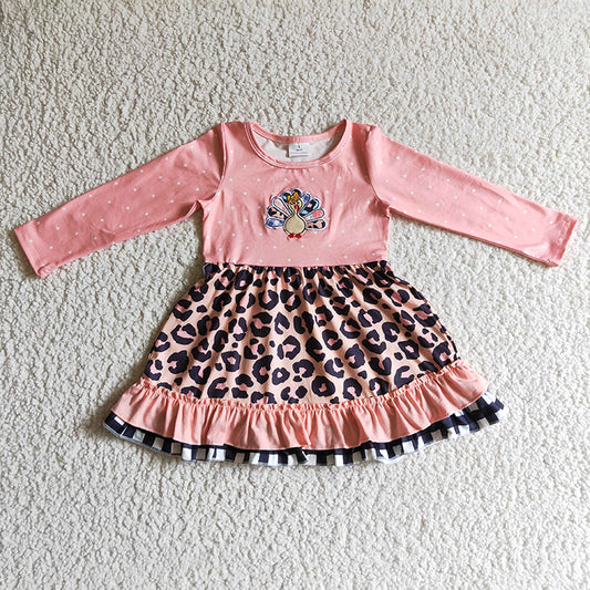 GLD0095 Thanksgiving embroidery turkey Pink Leopard Dress