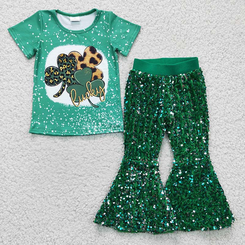 Baby Girl Kids Lucky Clover Shirt Green Sequins Pants St. Patrick's Outfit