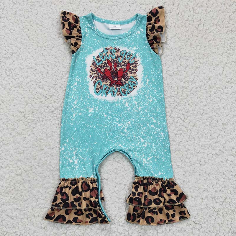 SR0151 Baby Girl Crayfish Leopard Ruffle Short Sleeves Summer Romper